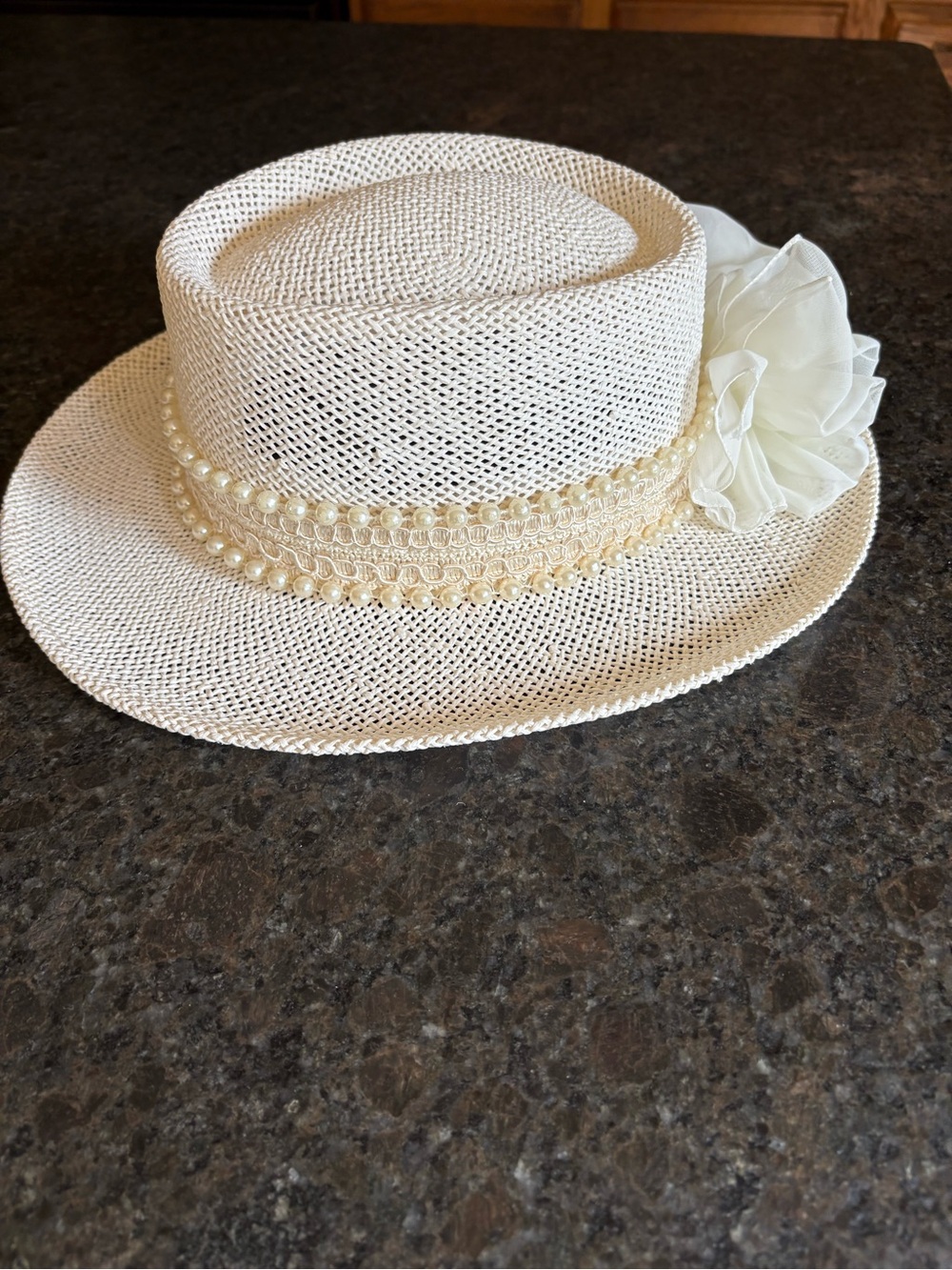 Vintage Ivory Straw Hat with Lace Faux Pearl Trim & Organza Flower